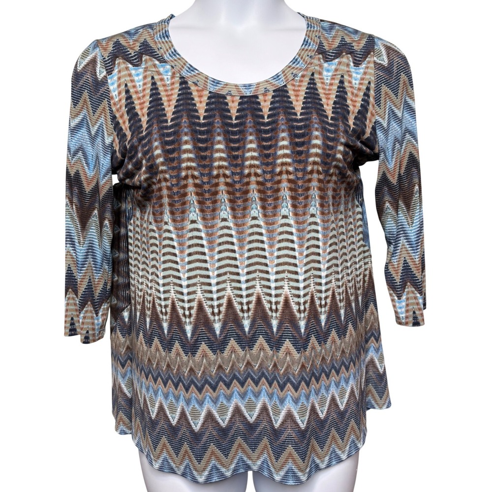 KAREN KANE Blue Brown Chevron Blouse XL Boho Earthy Officewear Lightweight Retro